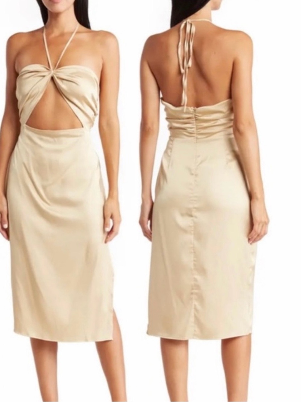 DANIELLE BERNSTEIN Champagne Beige Backless Satin Halter Cutout Midi Dress